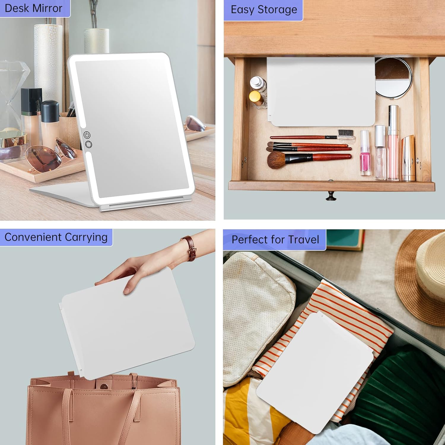 FUNTOUCH 1800mAh Rechargeable Large Travel Makeup Mirror with Lights, 10x7.5 Portable Lighted Makeup Mirror with 3 Color Lights, Dimming Folding Light Up Travel Mirrors with 10X Magnifying Mirror