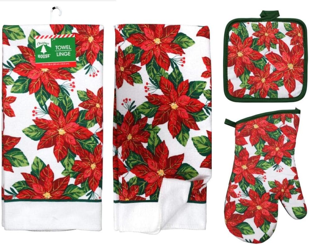 Poinsettia 5 Piece Christmas Kitchen Linen Bundle With 2 Dish Towels, 2 Potholders, and 1 Oven Mitt …