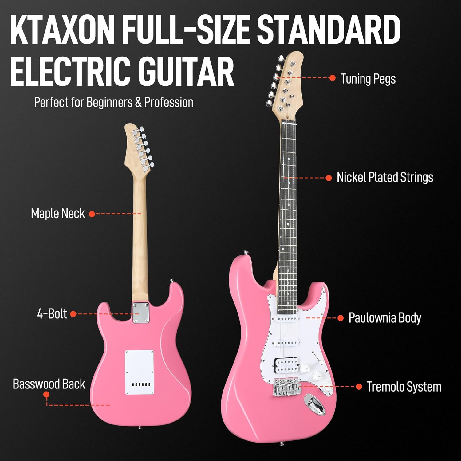 Ktaxon 39 Inch Electric Guitar Kit for Beginner, HSS Pickups 6 String Solid-Body Full Size Adults Electric Guitars W/Amplifier, Bag, Strap, Cable, Accessories - Rose Pink