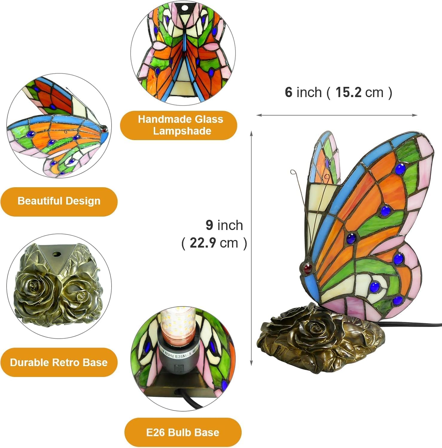 Tiffany Style Orange Butterfly Table Lamp LED Bedside Table Lamp Colorful Small Night Light Reading Lamp 5.9" Wide 9" Tall Stained Glass Lamp LED Bulb Included