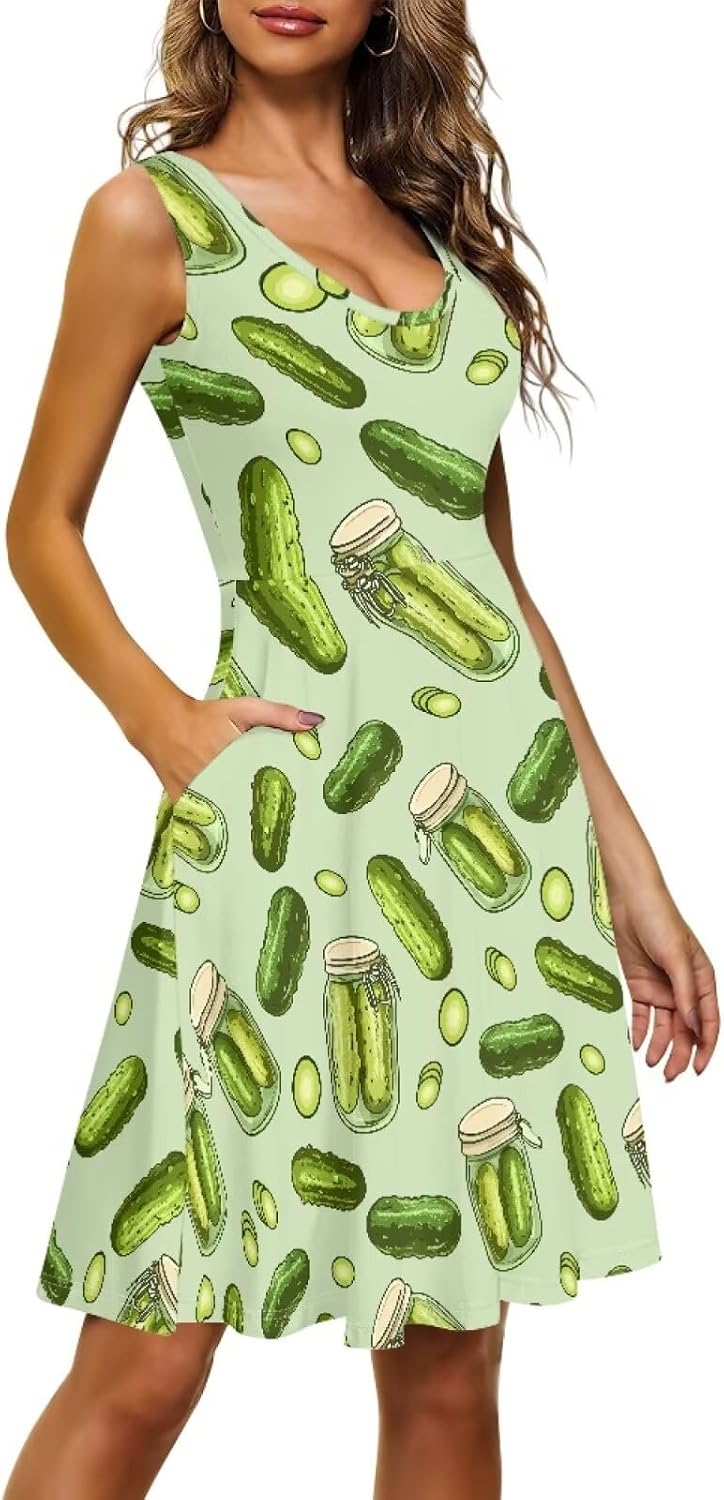 TOADDITDO Women Tank Top Dress Sleeveless Sundress Plus Size Athletic Activewear Knee Length Sundress with 2 Side Pockets