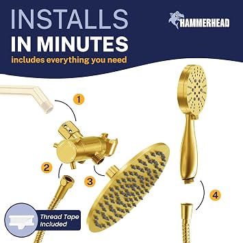 HammerHead Showers Solid Metal Dual Shower Head Combo BRUSHED GOLD 8 Inch Rainfall High Flow Shower Head & 3-Flow Handheld Shower Head High Pressure with Hose 6ft - Luxury Double Shower Heads