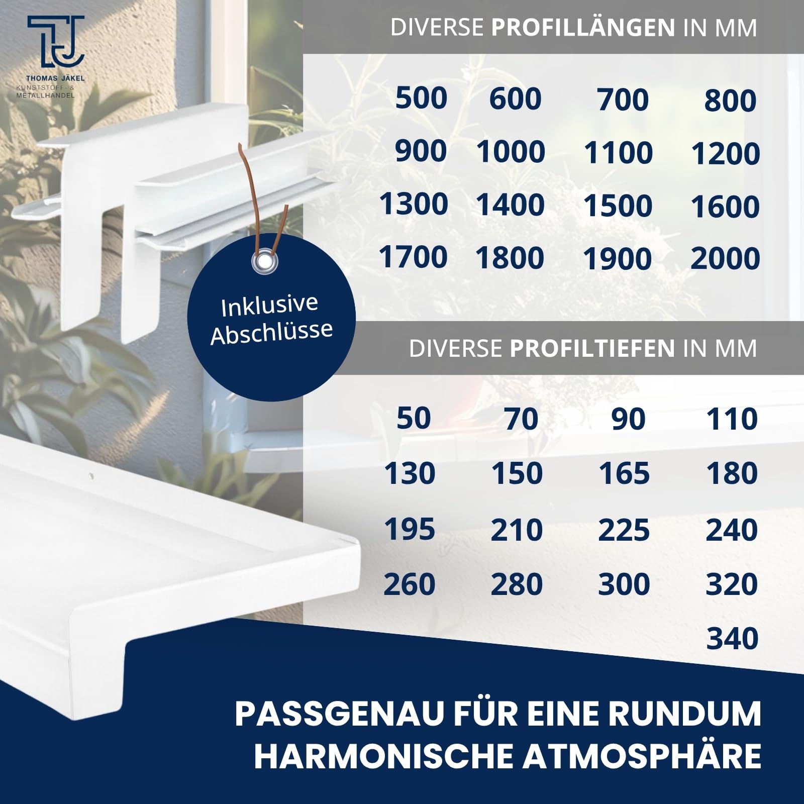TJ Fensterbank Außen I 50 mm x 1000 mm I Weiß RAL 9016 I hochwertiges Aluminium Fensterbrett mit Seitenabschluss I pflegeleichter & langlebiger Alu Fenstersims I pulverbeschichtete Außenfensterbank