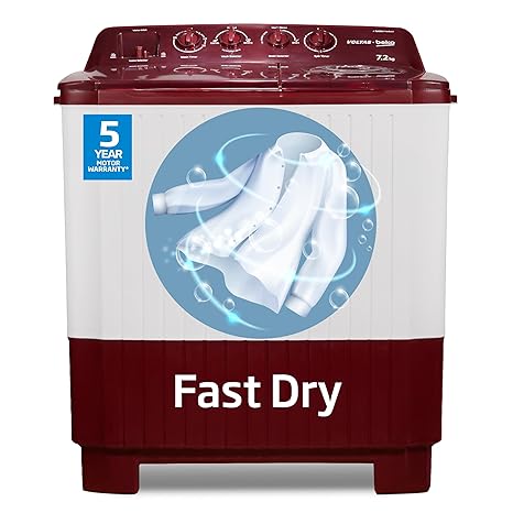 Voltas beko, A Tata Product 7.2 Kg Semi-Automatic Top Load Washing Machine, (WTT72, Burgundy, 2023 Model, Fast Dry)