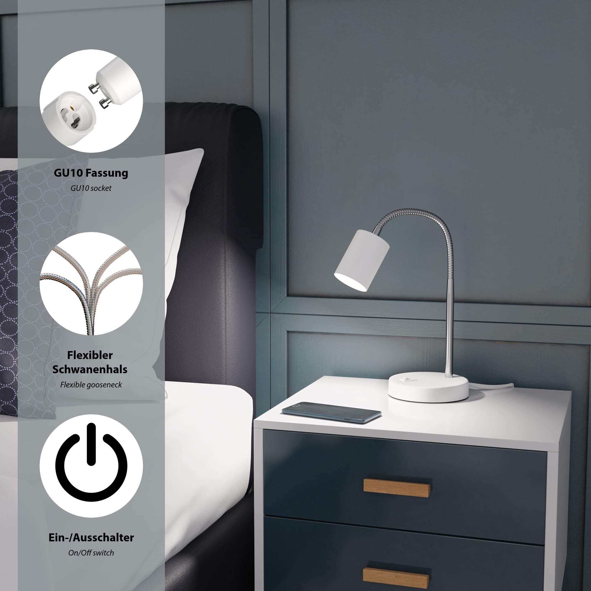 ledscom.de 2x lampada da tavolo WAIKA interruttore a collo d'oca bianco opaco Lampada LED bianca a 3 livelli di dimmerazione 609lm