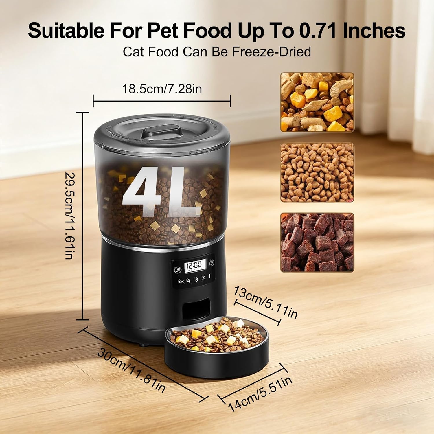 Automatic Cat Feeder, WiFi Smart Pet Feeder for Cats & Dogs, Programmable Timed Feeding with Portion Control, 8s Voice Recorder, Dual Power Supply, 4L Dry Food Dispenser, Black