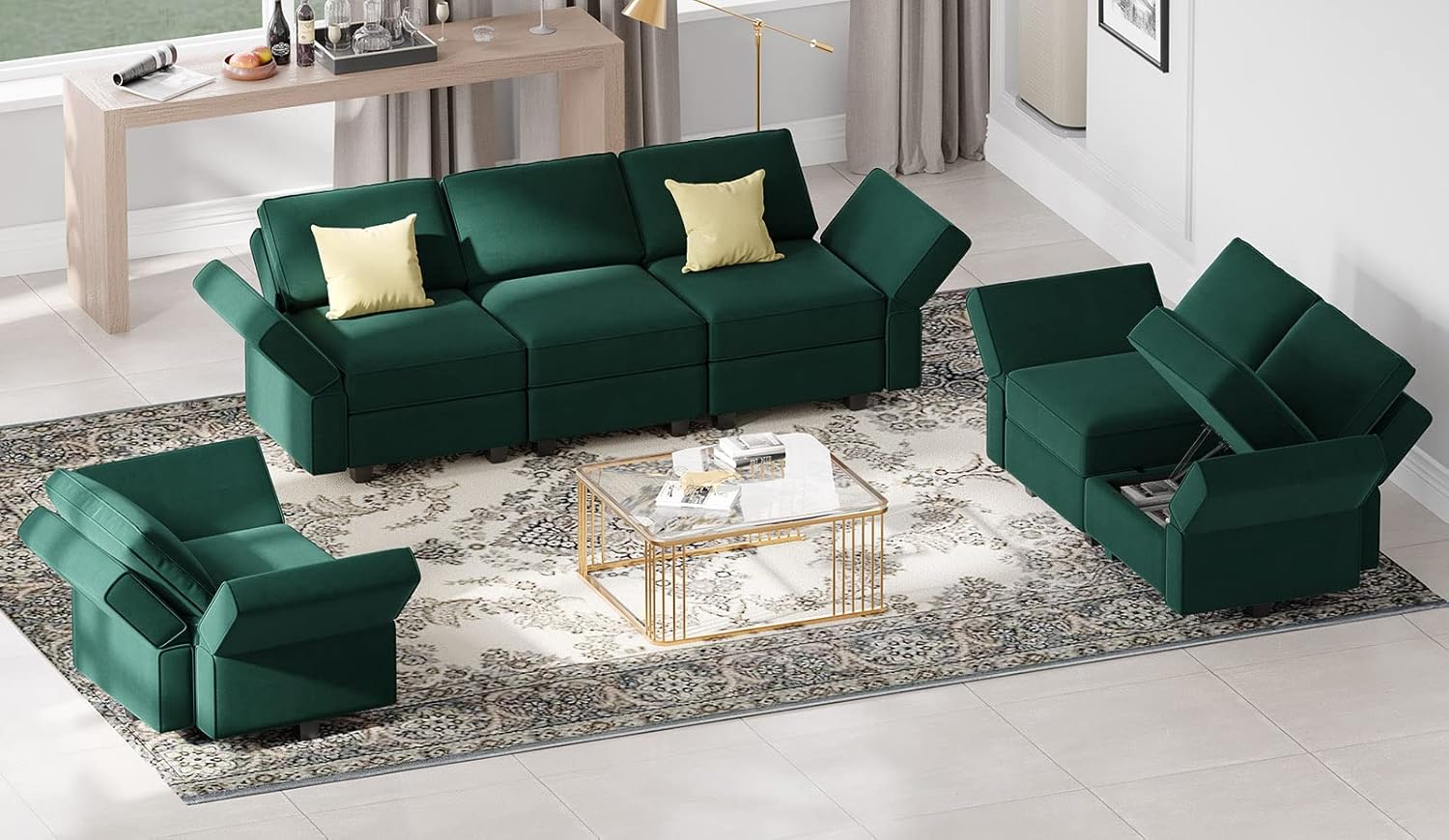 Belffin Modular Living Room Sofa Set 3 Seat Sofa Loveseat and Chair Set with Storage Seats Modular Living Room Furniture Set Velvet Green