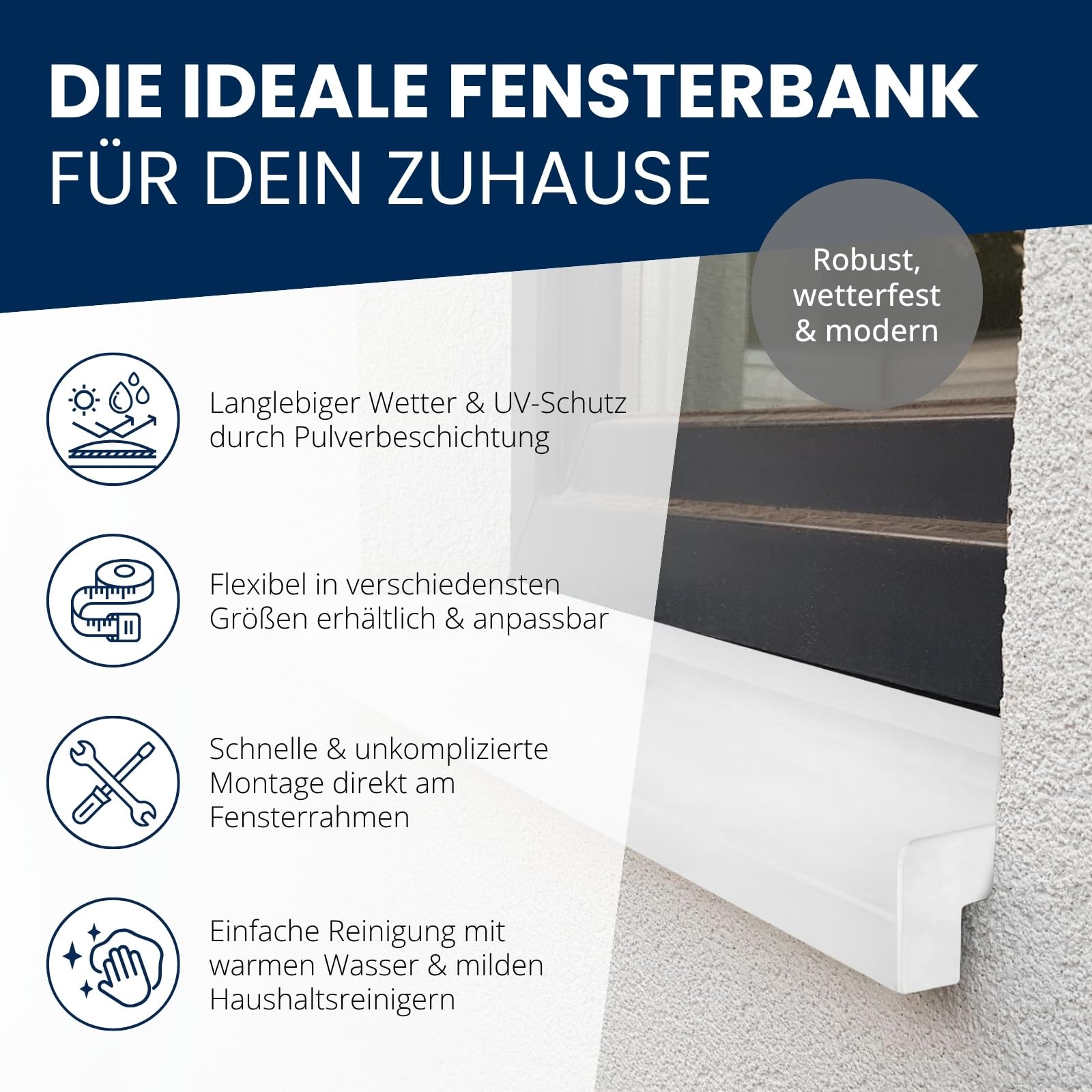 TJ Fensterbank Außen I 50 mm x 1000 mm I Weiß RAL 9016 I hochwertiges Aluminium Fensterbrett mit Seitenabschluss I pflegeleichter & langlebiger Alu Fenstersims I pulverbeschichtete Außenfensterbank