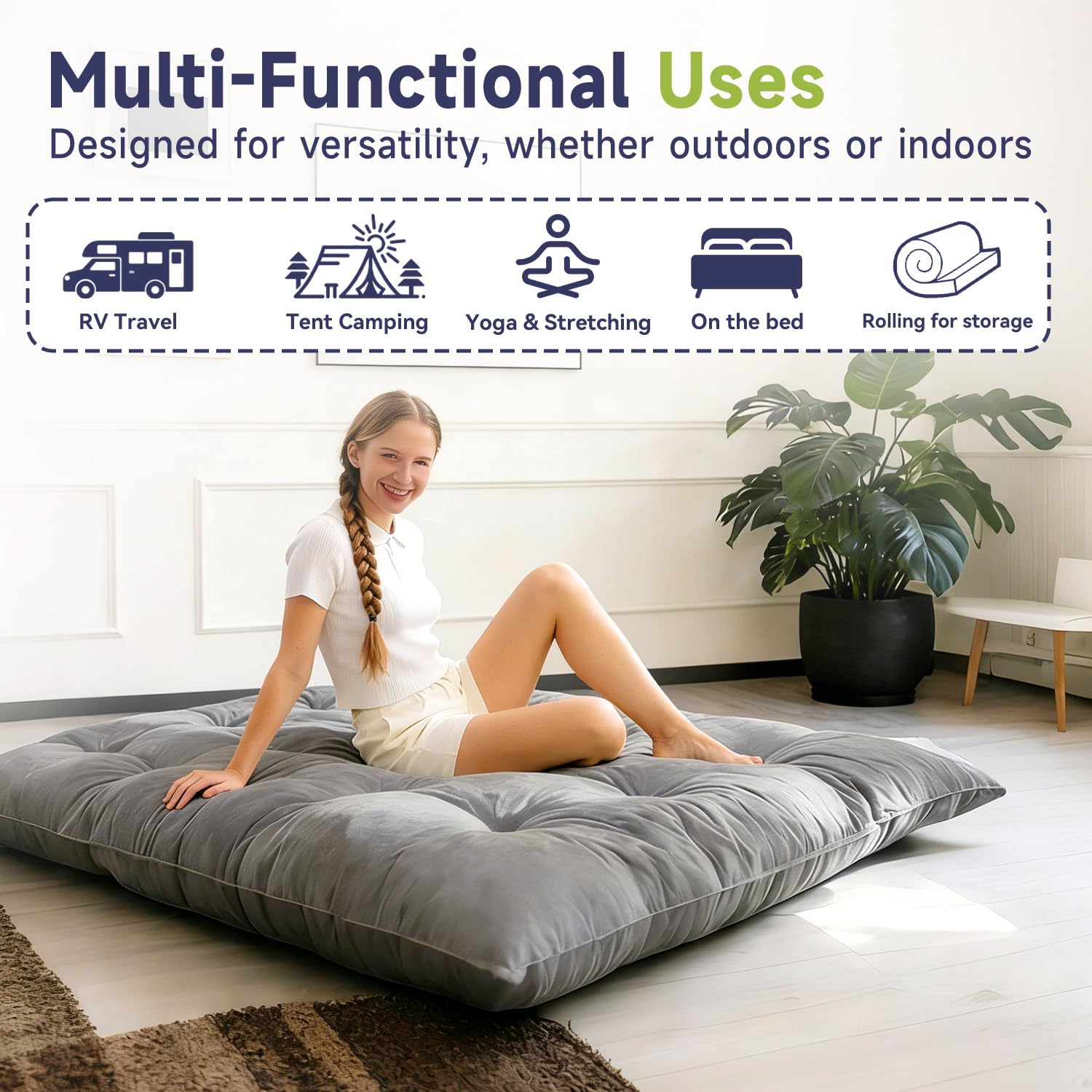 6" Futon Mattress Full Size, Tufted Futons Sofa Couch Bed with Twisted Rope Design Edging,Versatile Floor Mattress for Adults，Shredded Foam Filling (Frame Not Included Gray, Full)
