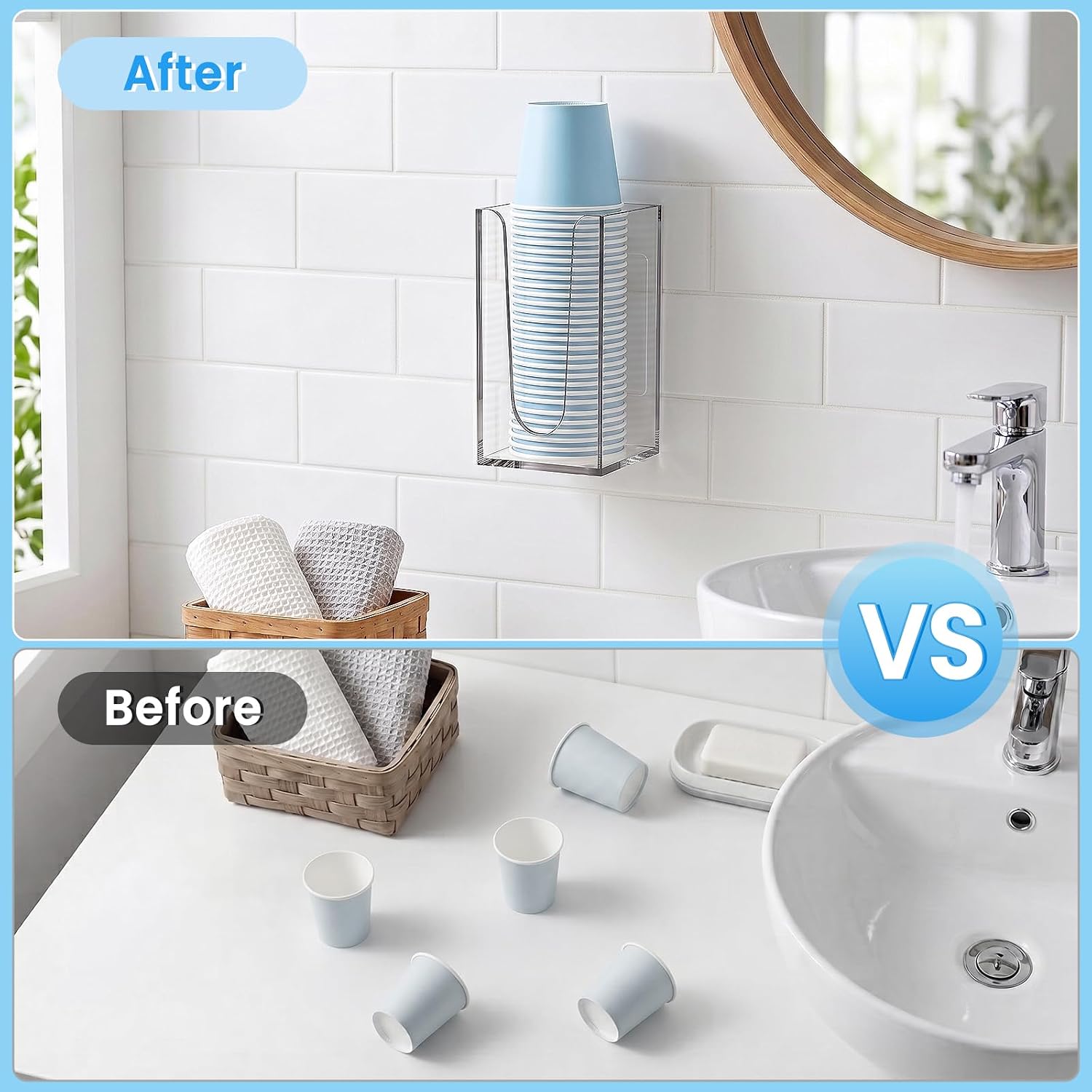 Bathroom Cup Dispenser Holder for 3-4oz Cups, Wall Mount or Counter