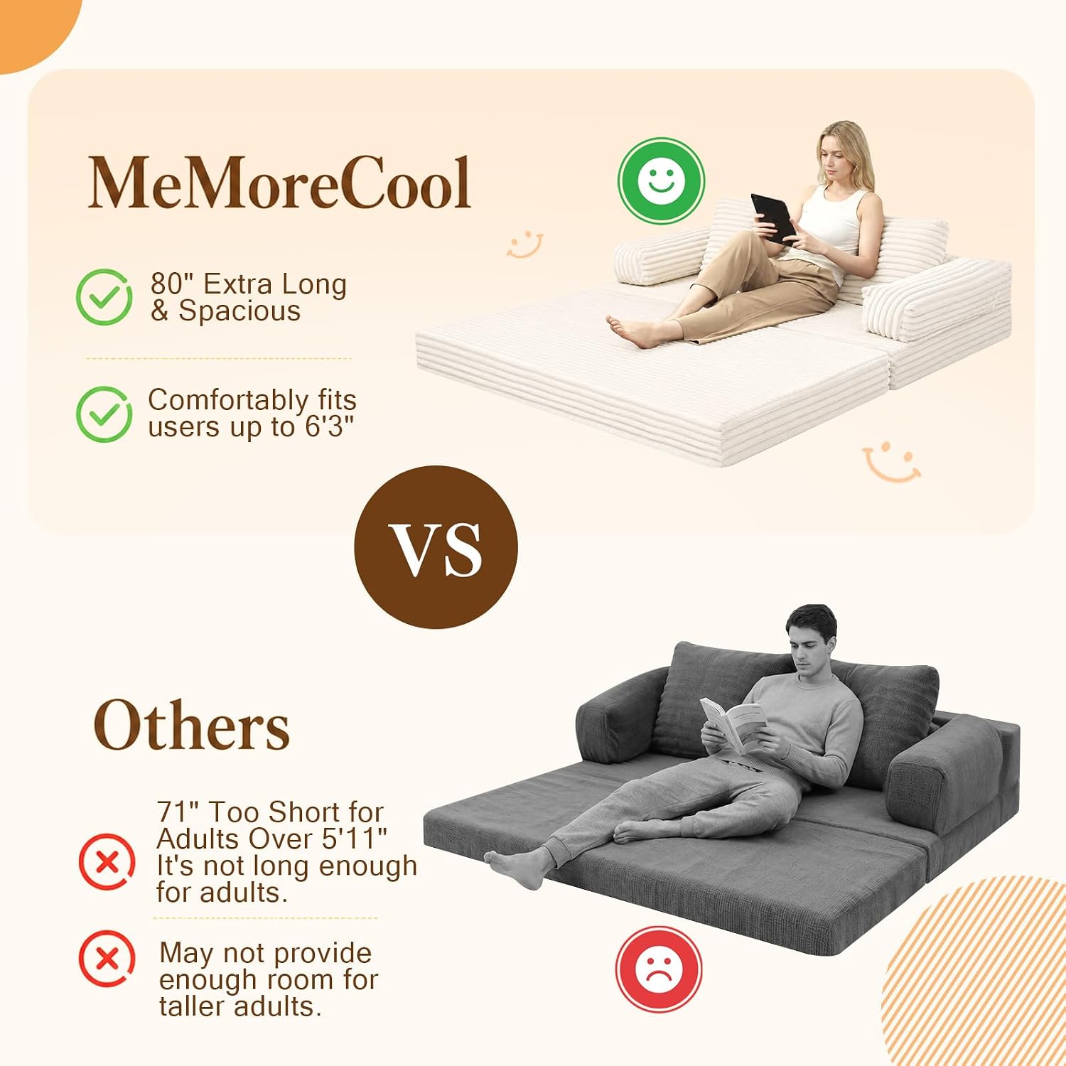 MeMoreCool Convertible Sofa Bed, Folding Floor Couch Bed Queen, Pull Out Sleeper Couch with Pillows, Fold Out Futon Sofa for Bedroom Living Room Small Space, Corduroy Beige