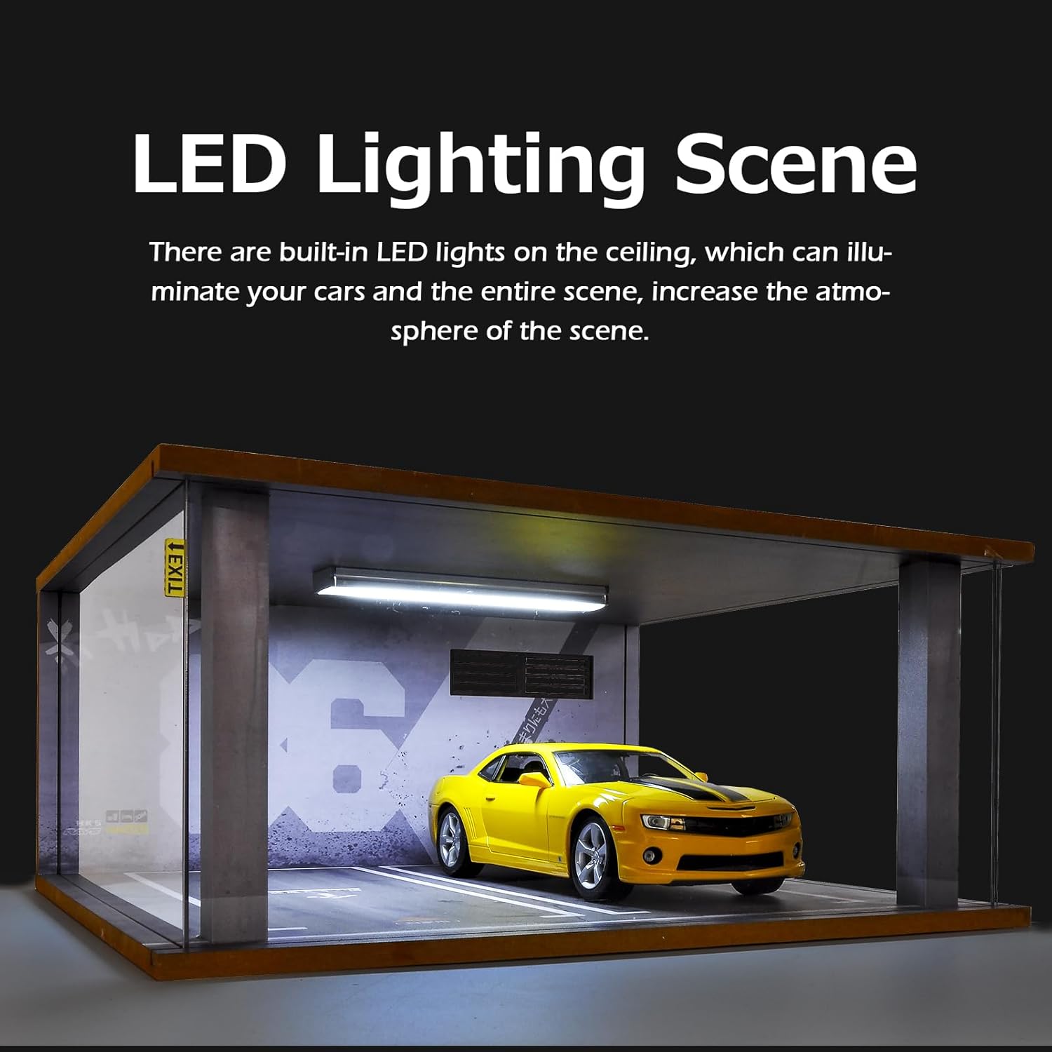 1/18 Scale Display Case Car Garage Moldel with LED Light and Acrylic Cover Wooden Diecast Car Show Case 2 Parking Spaces Grey