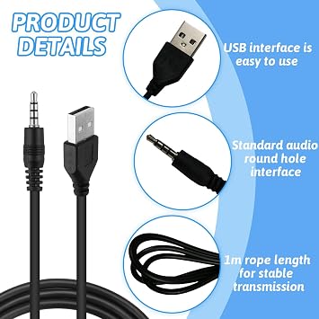 1M 3.5mm Aux Audio Jack Cable Adapter to USB 2.0 Male, Universal Compatibility Charge Cable for Car Stereos, Video Recorders, Pocket Speakers, Headphones, Durable High-Speed Charging