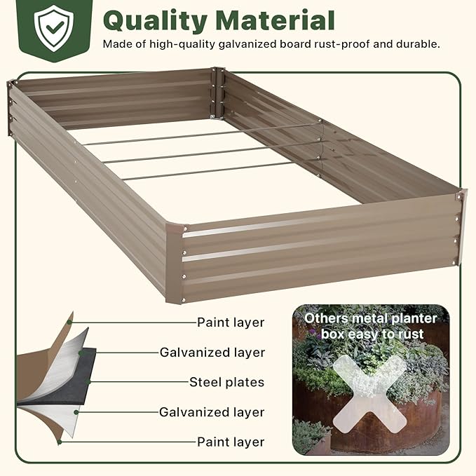 The DTIG raised garden bed kit offers a spacious planting area, measuring 6x3x1 FT and able to hold 18 CUFT / 135 gallons of soil. This ample room allows you to cultivate a wide variety of plants, from vibrant vegetables to fragrant herbs to beautiful flowers. Constructed with authentic thick galvanized steel sheets, this raised garden bed is not only durable but also resistant to rust, ensuring it will stand the test of time and provide a sturdy foundation for your garden.