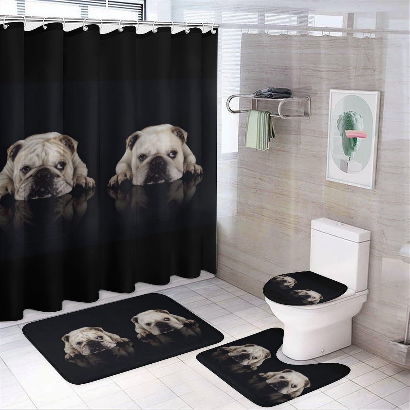 JZemdybill Bathroom Mat Set 4 Piece, Funny Dog Bulldog Shower Curtain with Non-Slip Bath Mats for Bathroom