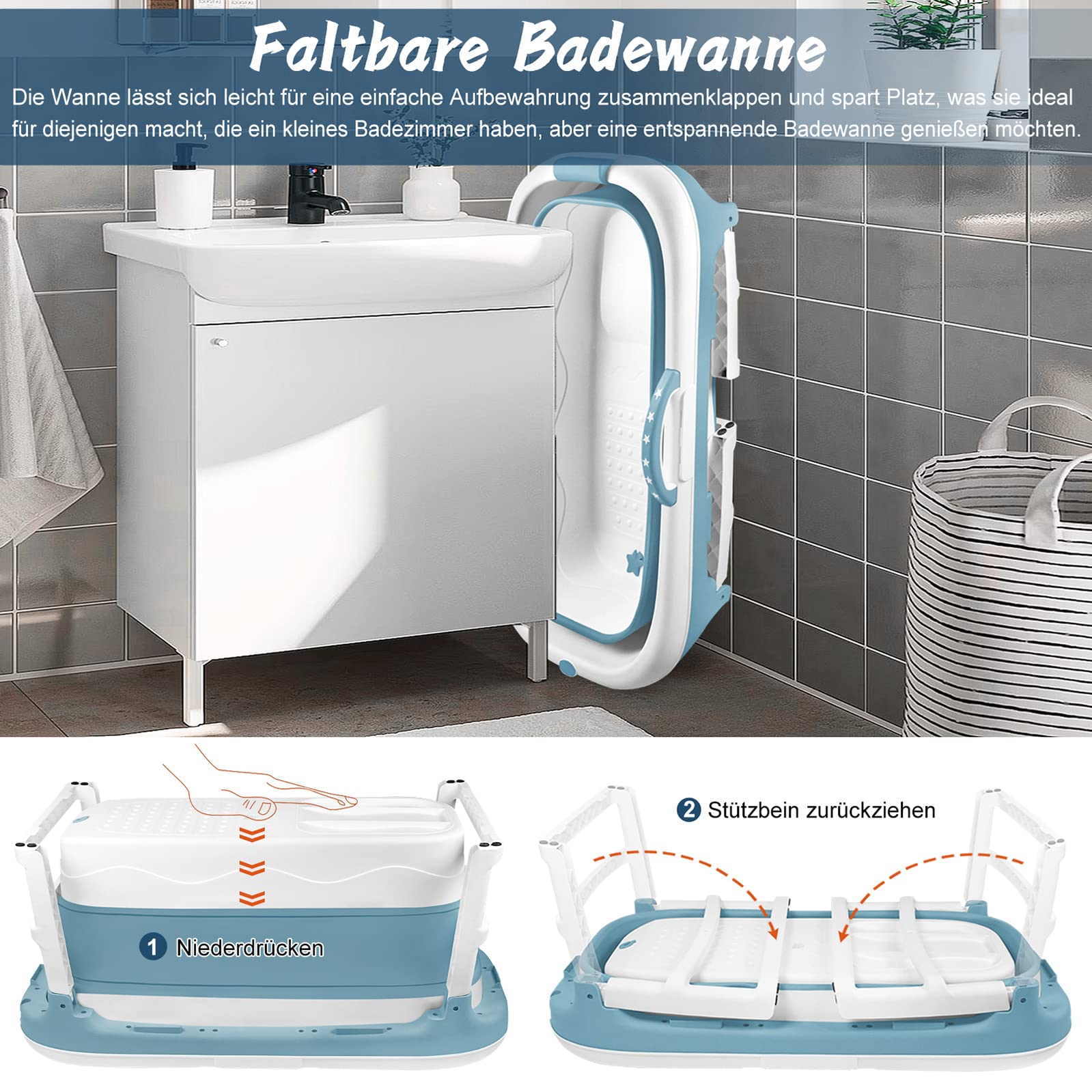 LZQ Baignoire pliable pour adulte - Avec couvercle amovible - Accoudoir - Panier à savon - PP + TPE - Baignoire pliable pour salle de bain SPA - 118 x 62 x 53 cm - Bleu