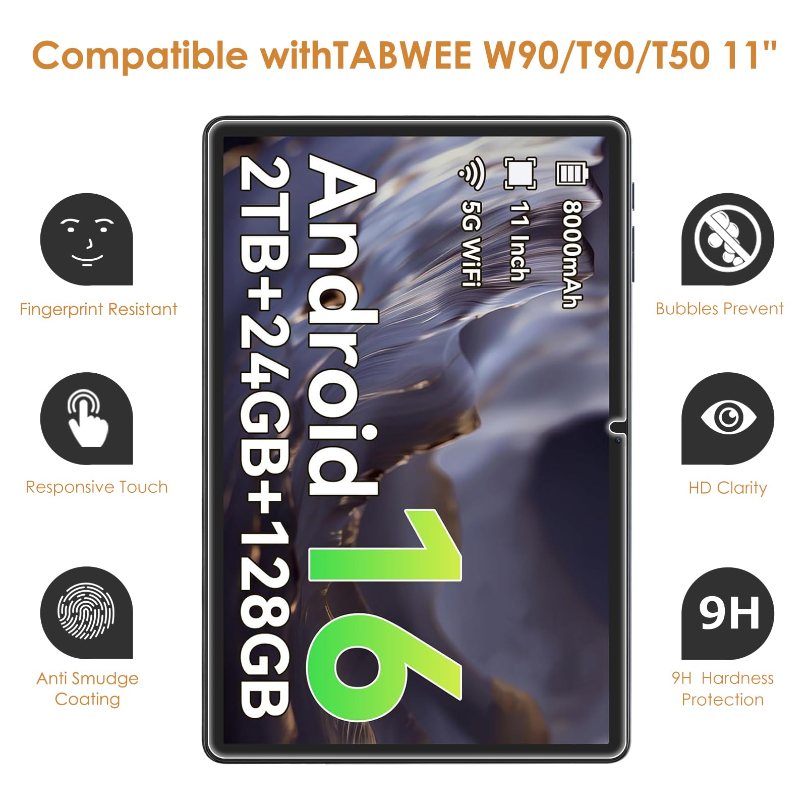 KUSINHOKA Schutzfolie für TABWEE W90/TABWEE T90 11 Zoll Folie, 2 Stück 9H Härte [Anti-Kratzen] Anti-Fingerabdruck Gehärtetem Schutzglas, Anti-Bläschen
