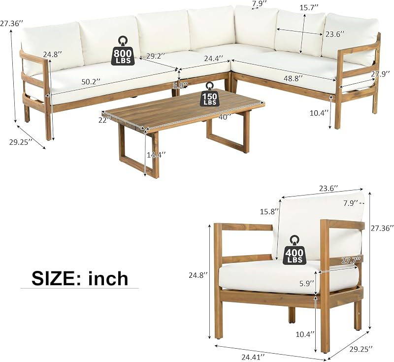 Christopher Knight Home Outdoor Acacia Wood 7 Seater Sectional Sofa Set with Thick Cushions Patio Conversation Set Modular Outdoor Seating with Coffee Table and Club Chairs for Patio Garden Deck image 5