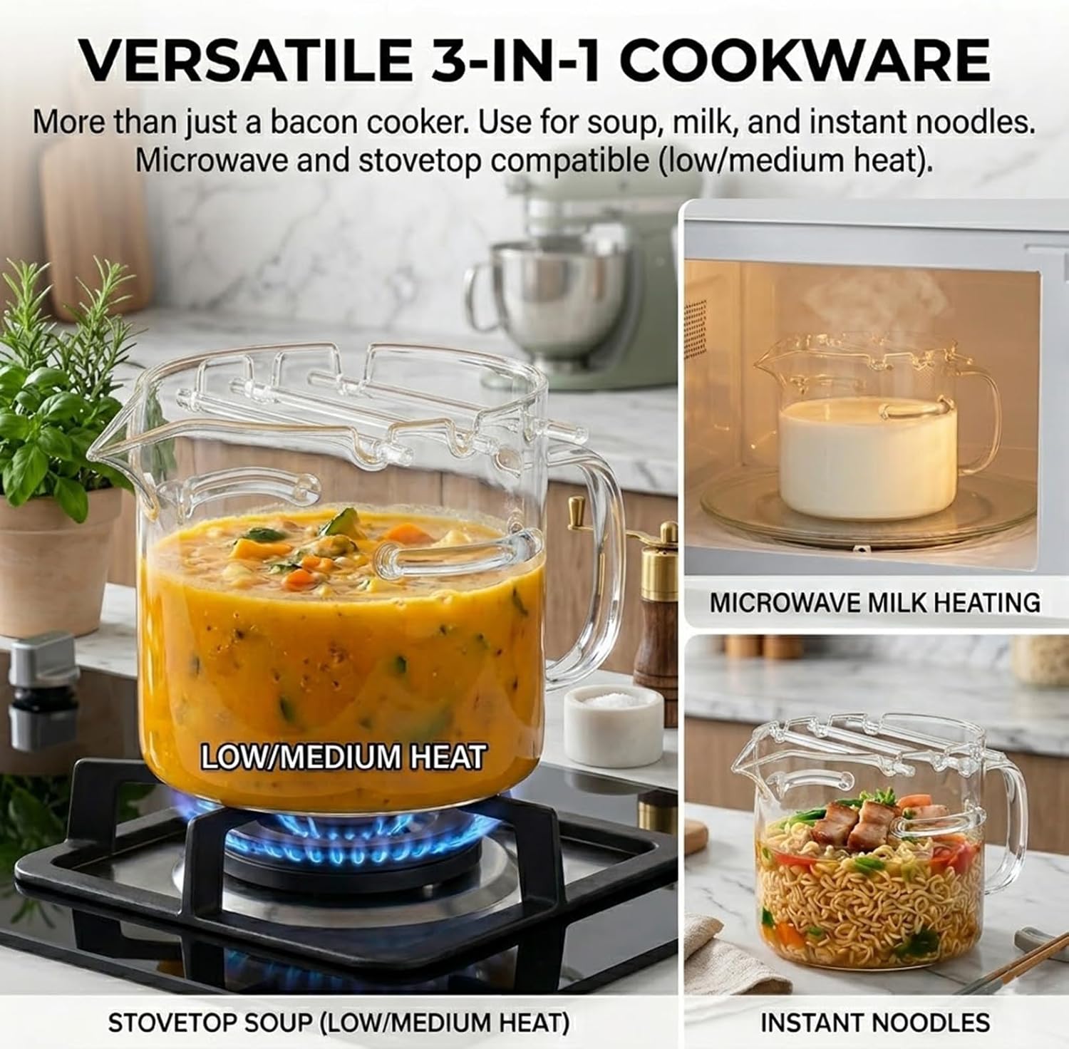 Glass Microwave Bacon Cooker,Non-Stick Glass Bacon Cooker for Microwave Oven,Multifunctional Heat-Resistant Borosilicate Glasss Cooking Pot with Grease Draining Rack for Picnics & Barbecues (1)