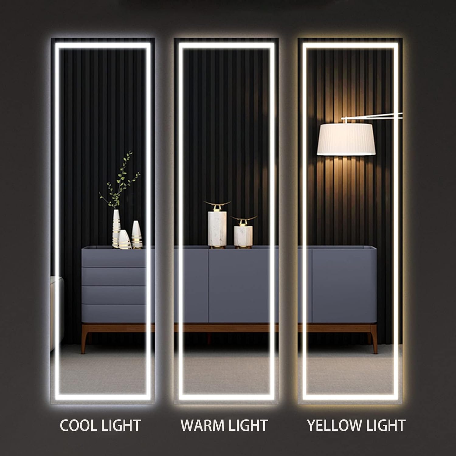 Full Length Floor Mirror 63"x16" Bedroom Full-Size Body Mirror Lighted Mirror, Free Standing Mirror, Wall Mounted Hanging Mirror, Large Dressing Mirror w/Dimming Lights & 3Color Modes Black