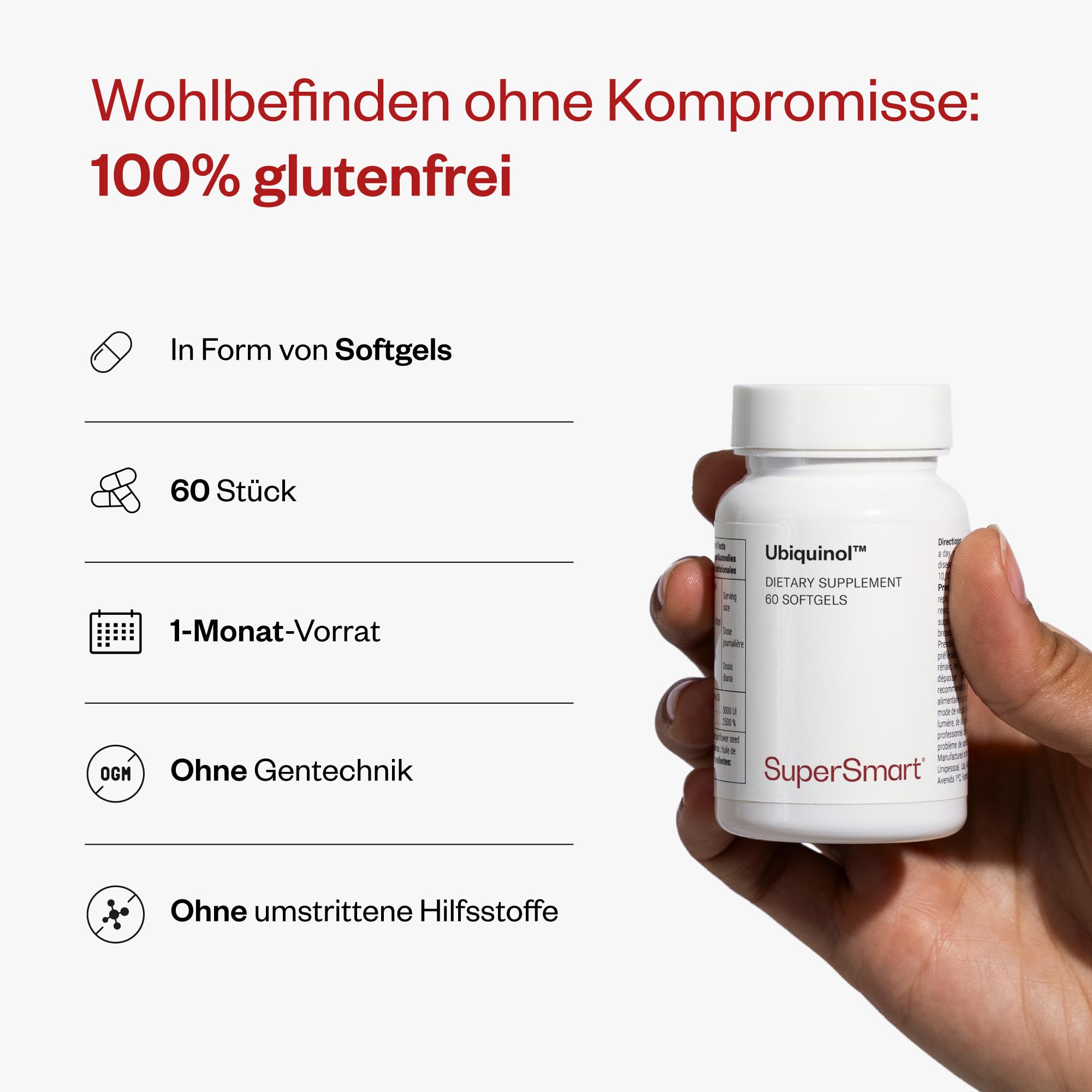 Ubiquinol - Aktive Form von CoQ10 - Hoch bioverfügbar - Für Herzgesundheit und Blutdruckregulierung - Starker Antioxidans - SuperSmart