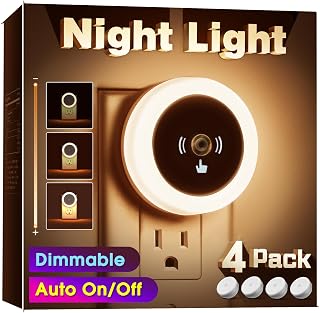 Briignite Dimmable Night Light, Plug into Wall [4Pack] with Light Sensors, Auto On/Off LED Night Light for Kids Room, Baby, Bathroom, Stair, Hallway, Warm White