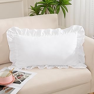White Ruffle Lumbar Pillow Cover 12x20 Inch, Ruffled Cushion Case Covers...