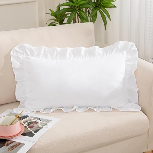 White Ruffle Lumbar Pillow Cover, 12x20 Inch | Ruffled Cushion Case, Decorative Farmhouse, For Couch Sofa Bed Living Room, Pack of 1