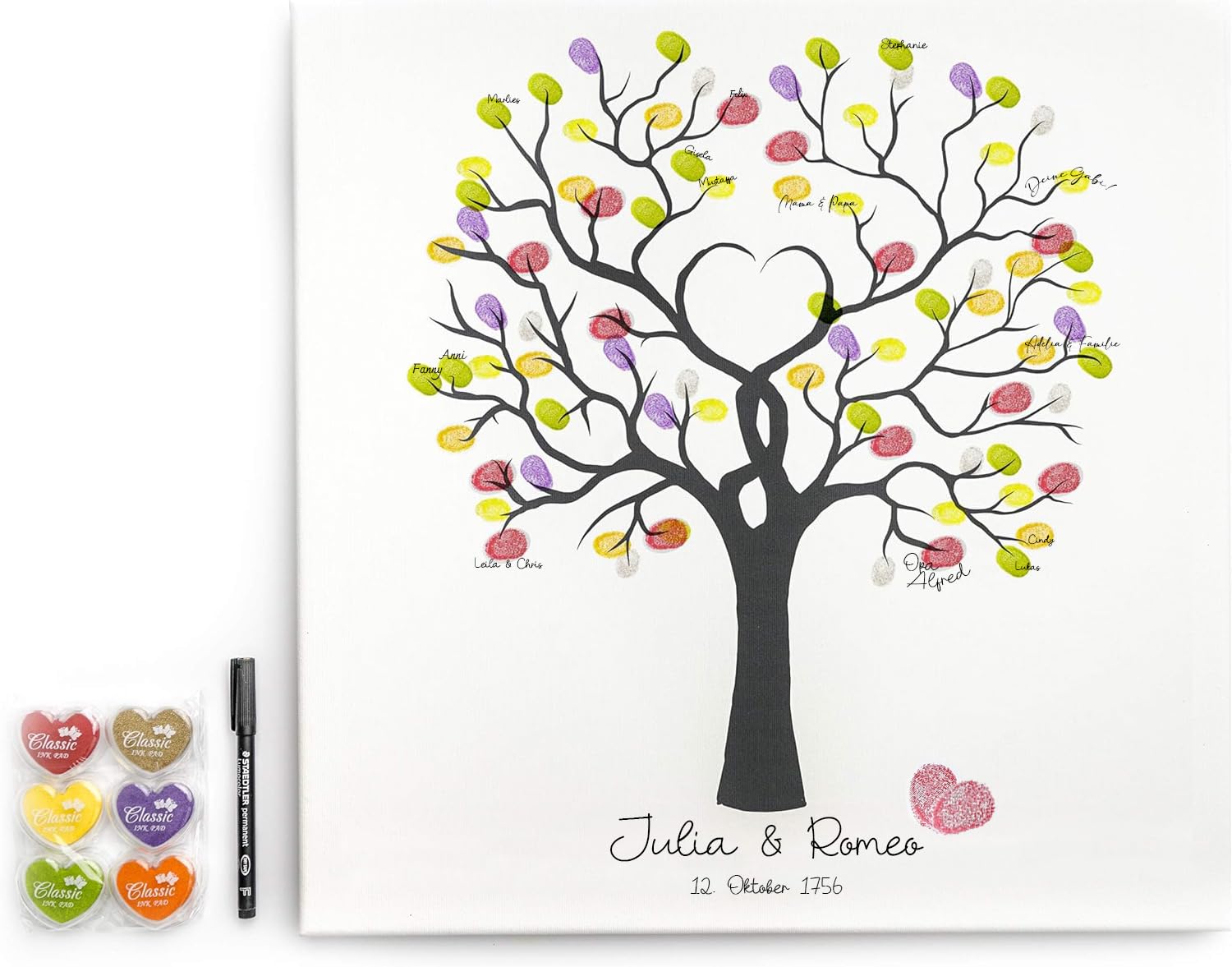 codiarts. personalisierte Leinwand für Fingerabdrücke - Party - Hochzeit - Jubiläum - Geburtstag - als Gästebuch mit Stempelkissen und Stift (Baum, 50 x 50 cm, Bespannte Leinwand)