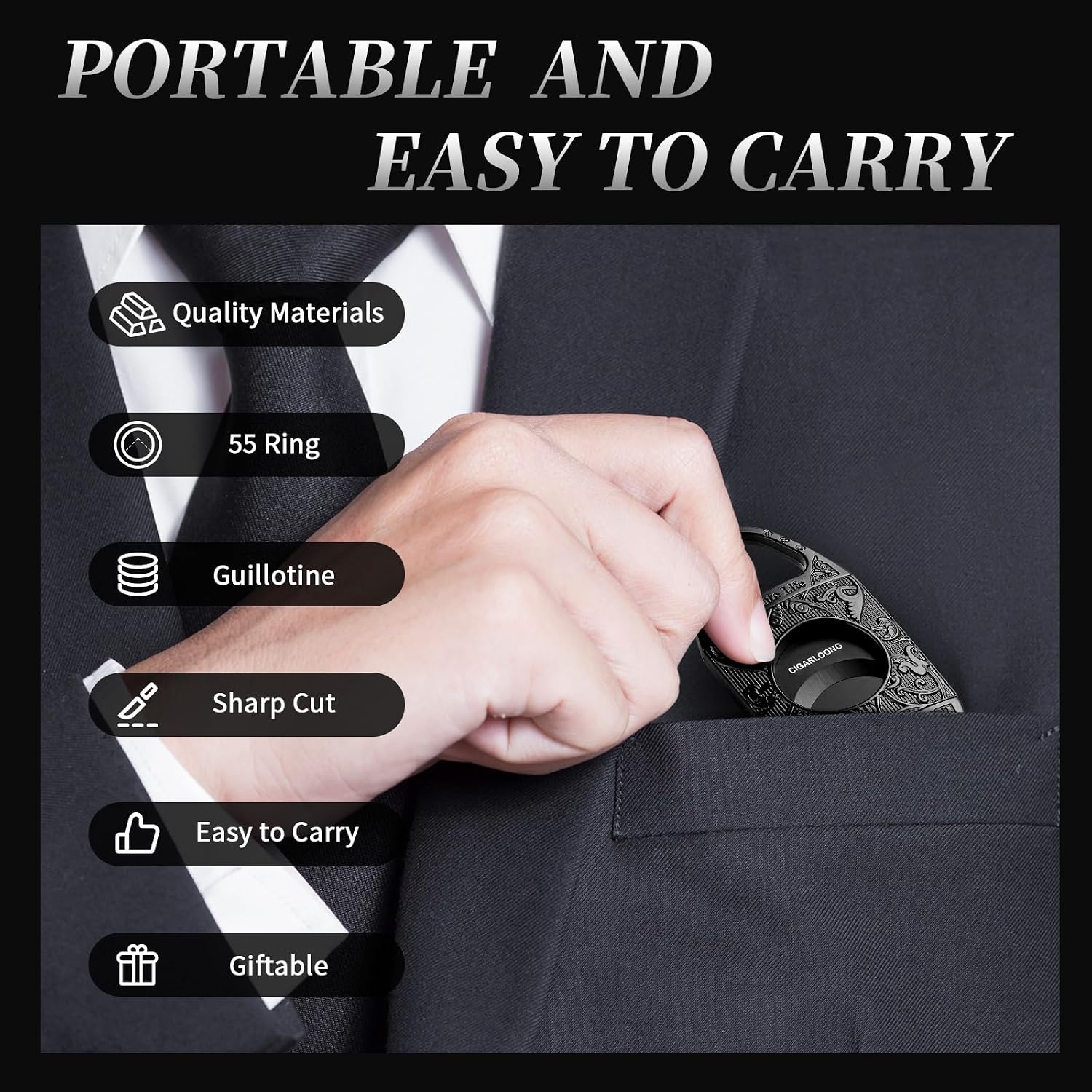 CIGARLOONG Cigar Cutter Black Engraved Stainless Steel Double Blades Cigar Guillotine