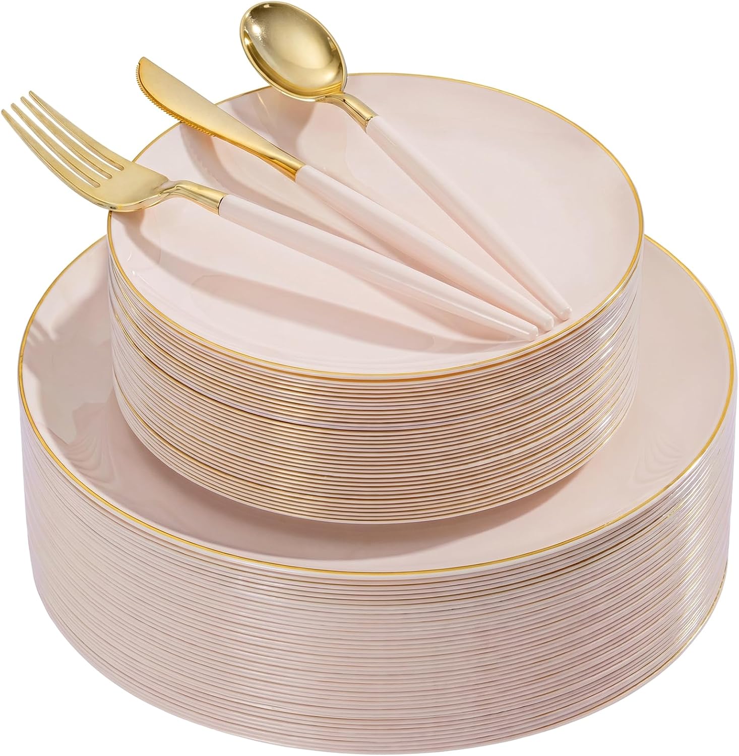 DaYammi 150Pcs Pink Plastic Plates with Gold Rim,Elegant Disposable Dinnerware with Gold Cutlery - 30 Dinner Plate,30 Dessert Plate,30 Knives,30 Forks,30 Spoons,Fancy Pink Plates for Party Wedding