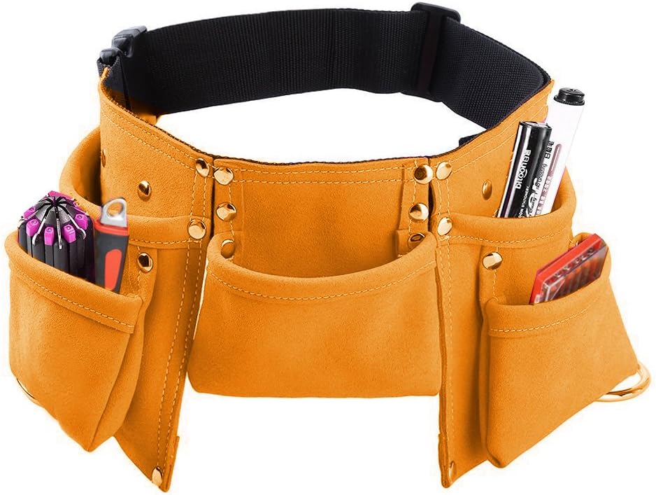 Kids Tool Belt, Monocho Kids Construction Tool Belt Real Suede Leather Children's Tool Pouch with 7 Pockets for Boy and Girl Costumes Dress Up Role Play Adjustable Size for Ages 2-14 (Brown)