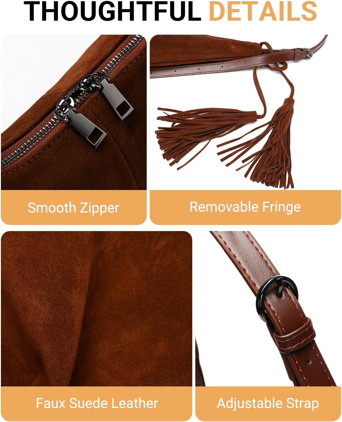 Herald Tassel Suede Hobo Shoulder Bag for Women, Retro Slouchy Crescent Crossbody Purse Handbag with Adjustable Strap - Image 7