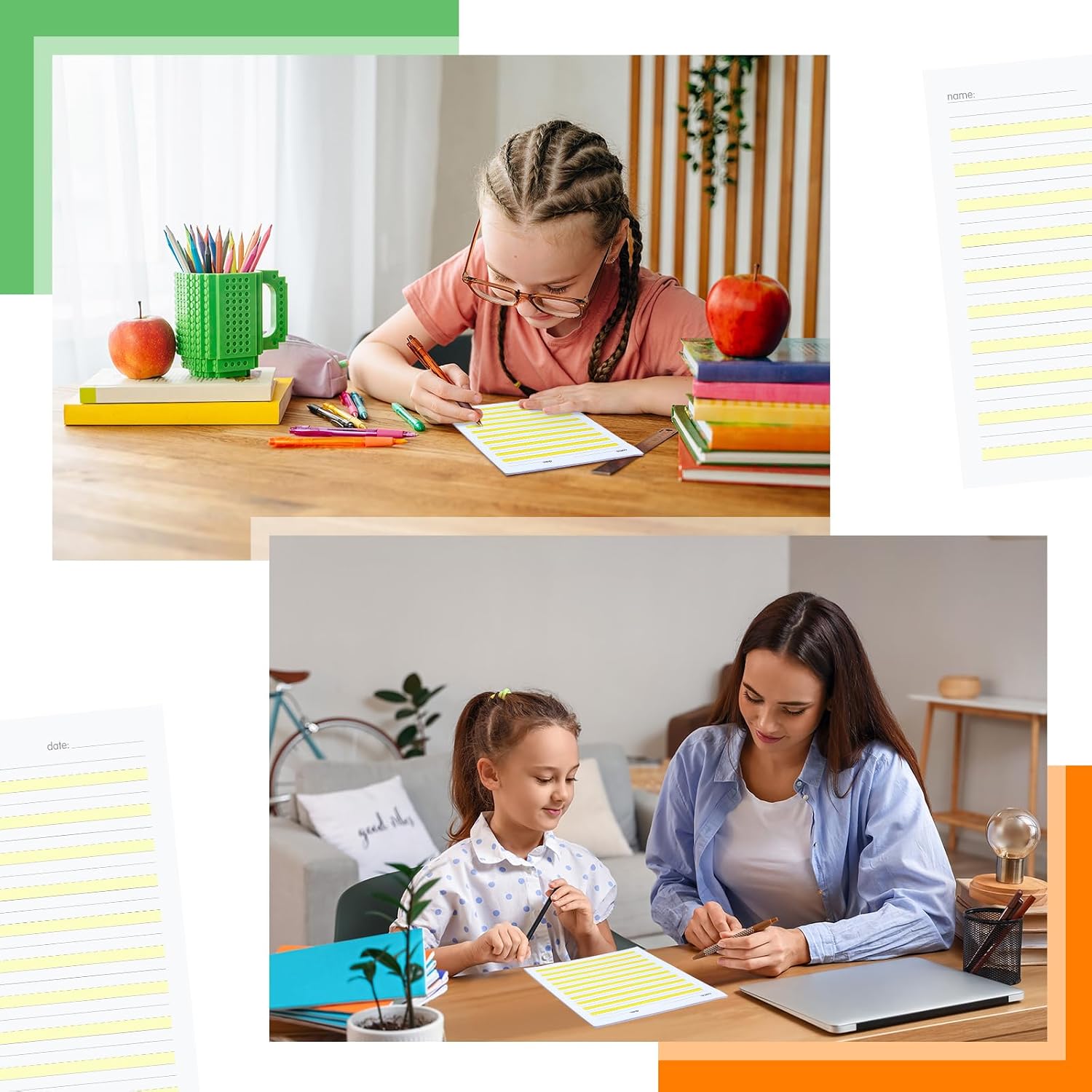 Fullhawl 400 Sheets Write Beginner Paper Level 2 Highlighted Paper Writing Paper with Lines and Yellow Highlighted Practice Writing Paper for Kids Right Letter Positioning Intermediate Paper
