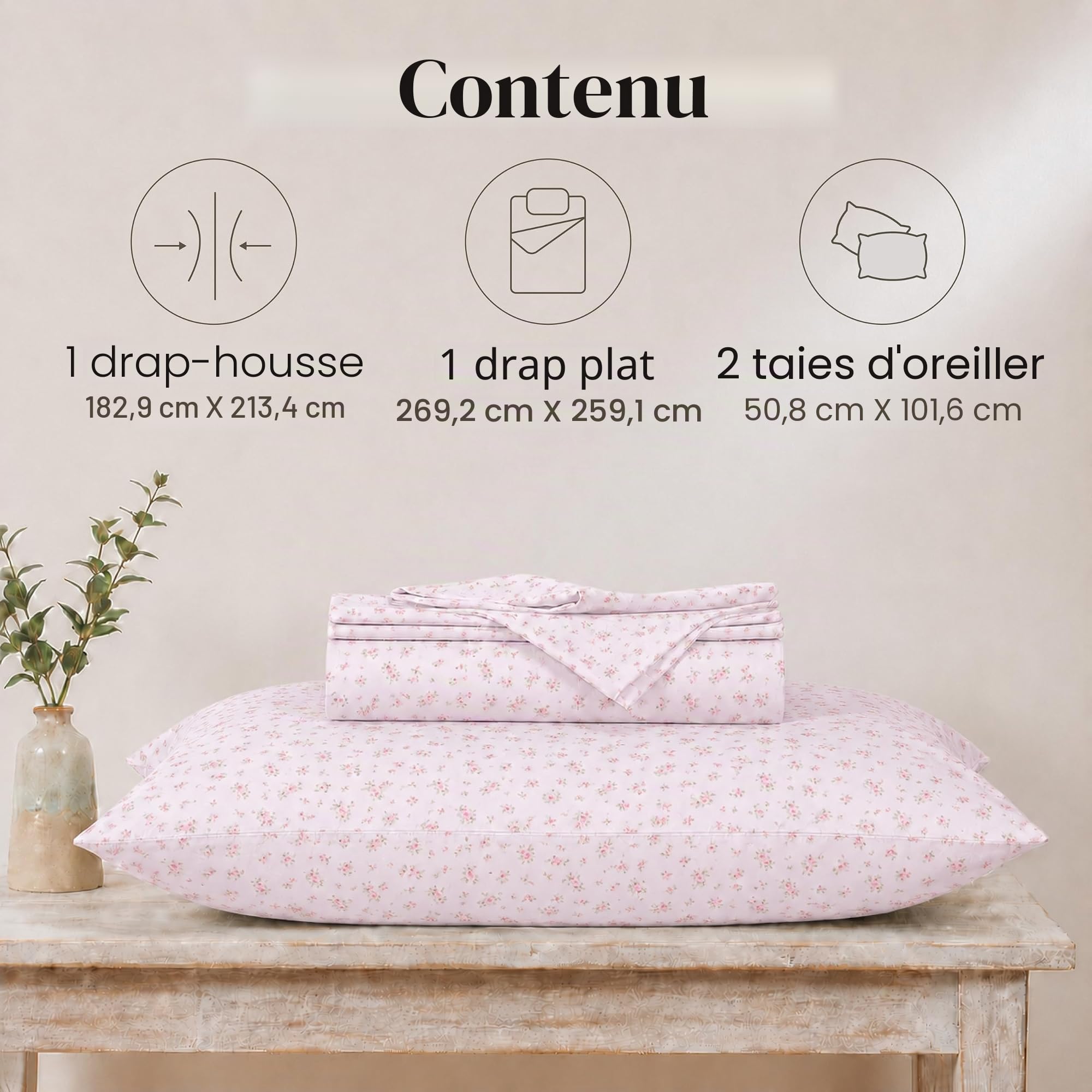 Modern Threads Parure de lit Douce et Soyeuse en Microfibre Infroissable, avec Drap Plat, Drap-Housse avec Bonnets Profonds et taies d'oreiller, Rose à Motif Fleurs (Blush), lit King Size californien