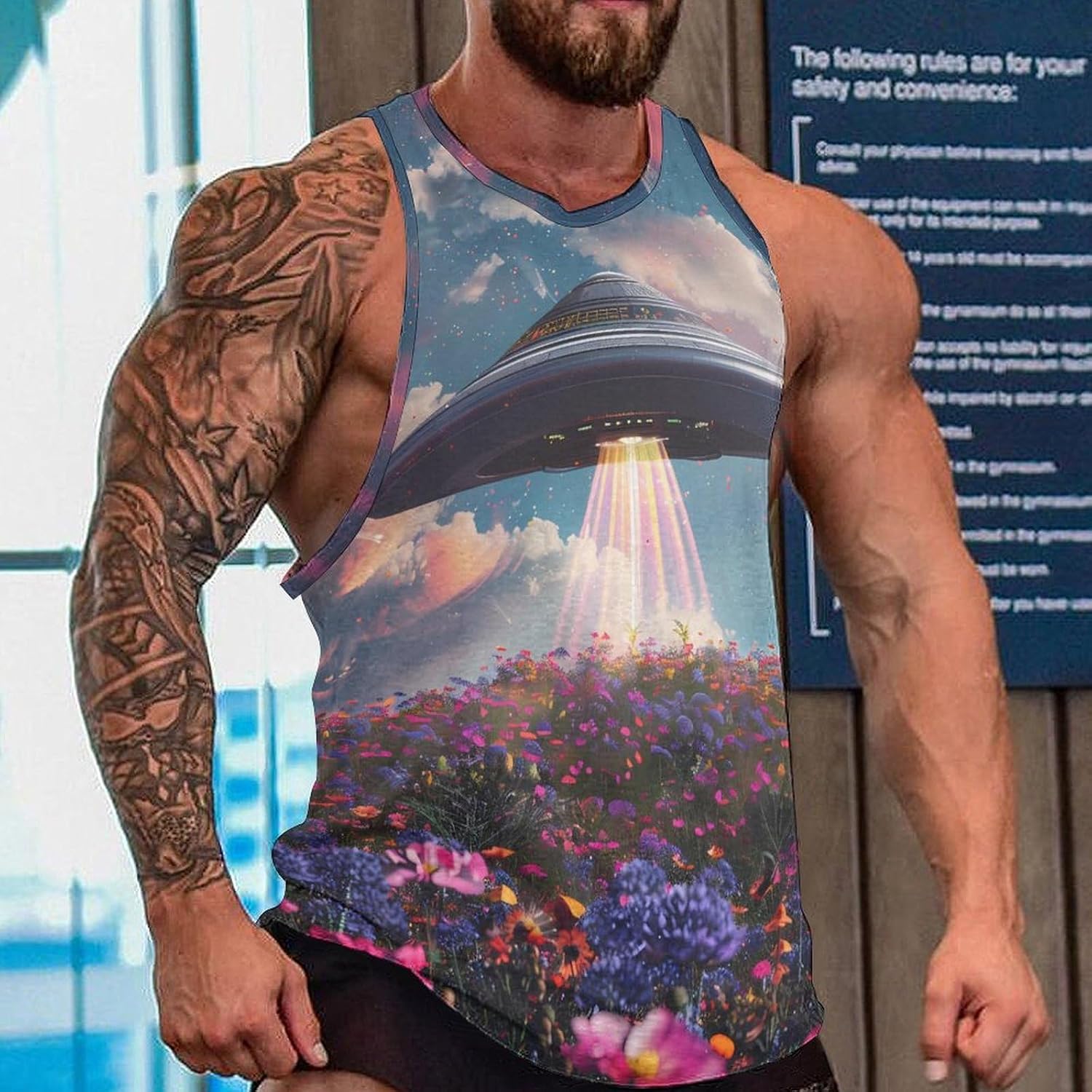 Spaceship Over Wildflowers Field Mens Breathable Printed Tank Top 5XL