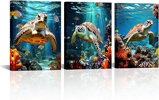 iLOOKLiKE Sea Turtle Decor Wall Art Sea Life Teal Ocean Animal Theme Pictures Painting Print On Canvas Colorful Fish Coral Posters Framed for Bathroom Living Room Office Decorations 12x16inchx3pcs