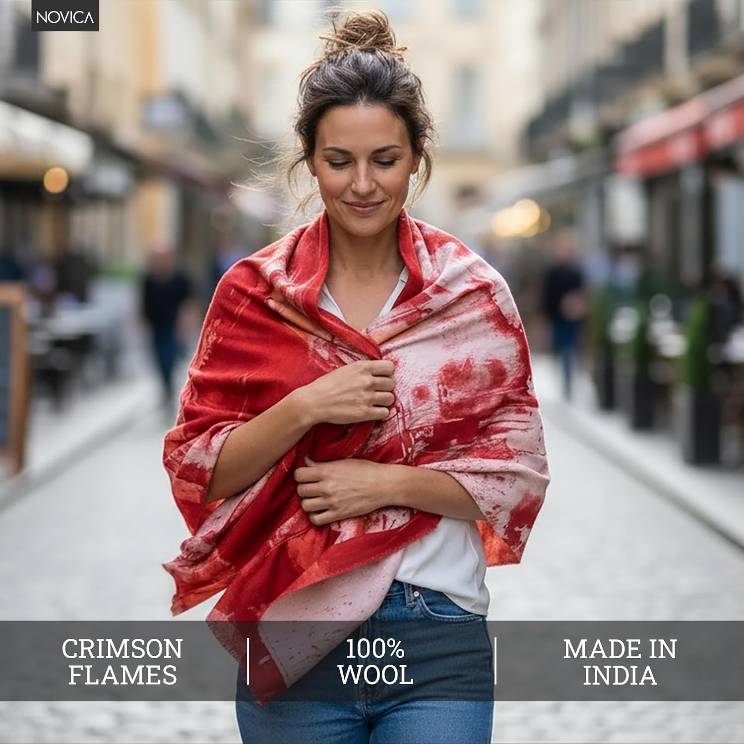 NOVICA Artisan Handmade Handwoven Wool Shawl Crimson from India Accessories Shawls Red Ivory ' Crimson Flames'