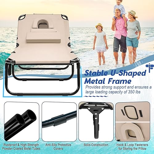 Miniatura 5 de HAPPYGRILL 2 sillas plegables de playa con orificio para la cara y almohadas desmontables, silla de bronceado portátil para tomar el sol con 5