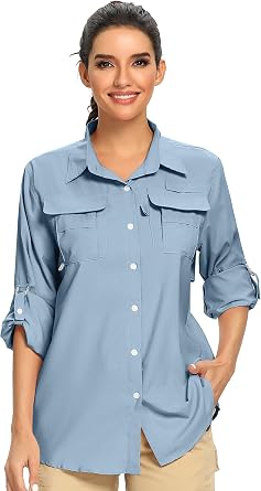 linlon Womens UV Safari Shirt Sun Protection Long Sleeve Hiking Travel | Button Down Mesh Back Vents UPF 50+ Quick Dry Breathable Cool Lightweight Outdoor Travel Fishing Gardening Clothes