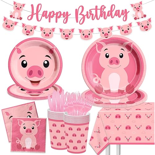 Pig Birthday Decorations-143Pcs Farm Animal Pig Tableware Set Kids Pink Pig Theme Plates and Napkins Set,Pig Birthday Party Supplies for 20 Guests