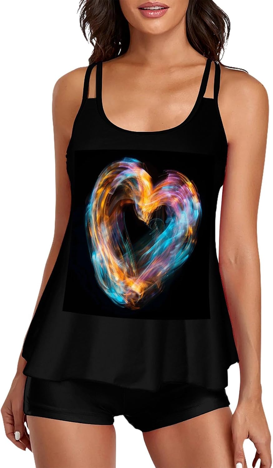 Bright Heart Shape Tankini Swimsuits for Women Tummy Control Two Piece Bathing Suits Swim Tops with Boy Shorts