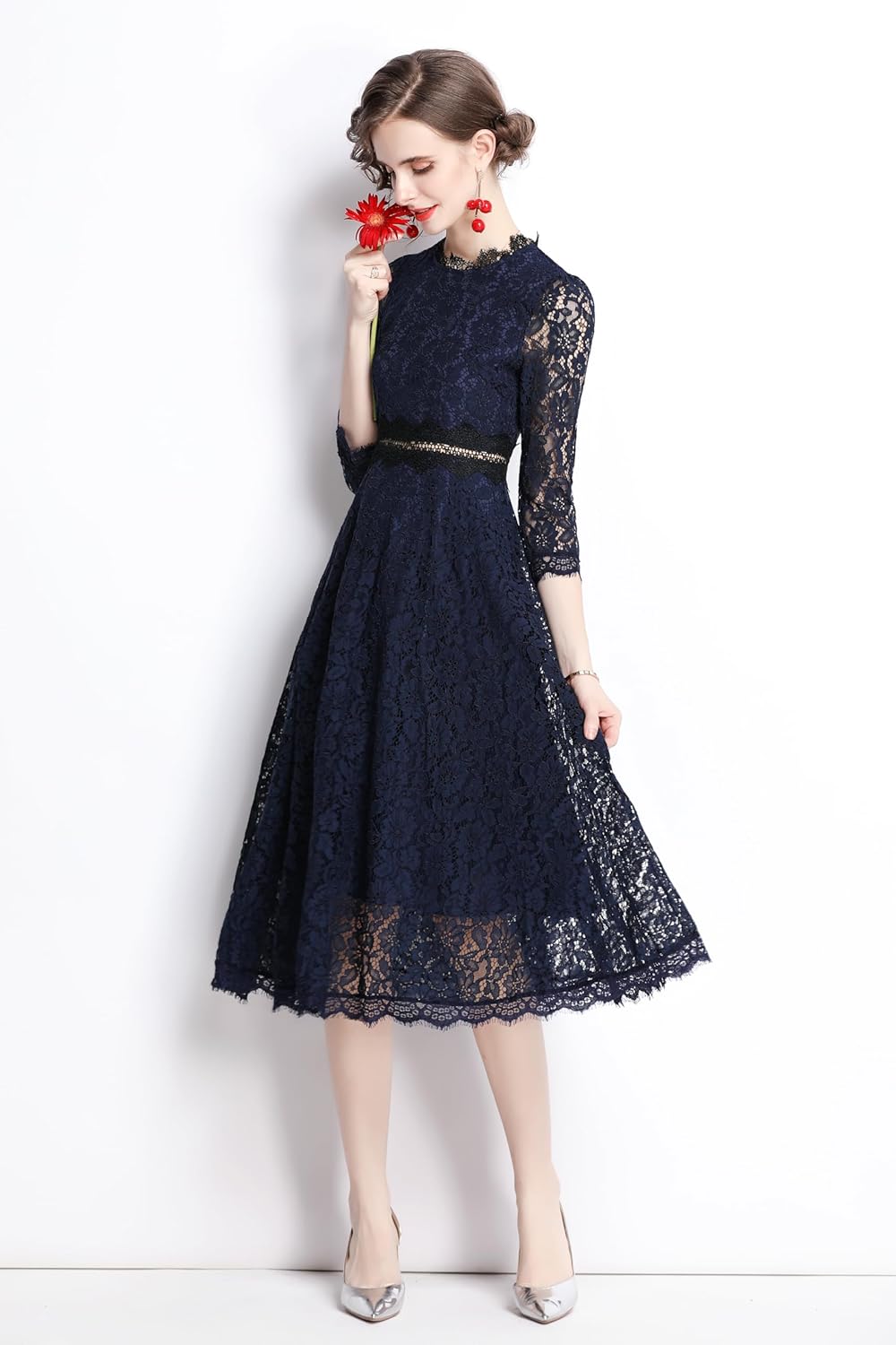 LAI MENG FIVE CATS Women's 3/4 Sleeve Lace Overlay Dress Cocktail Wedding Party Swing Dance Midi Dress