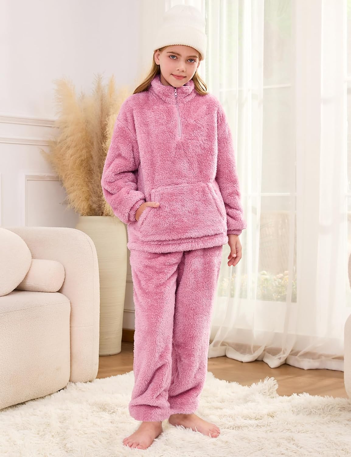Flygo Girls Boys Fuzzy Pants Set Fleece Sweatsuit Flannel Fluffy 1/4 Zip Sweatshirt Pants Sets 2 Piece Outfits 5-14Years