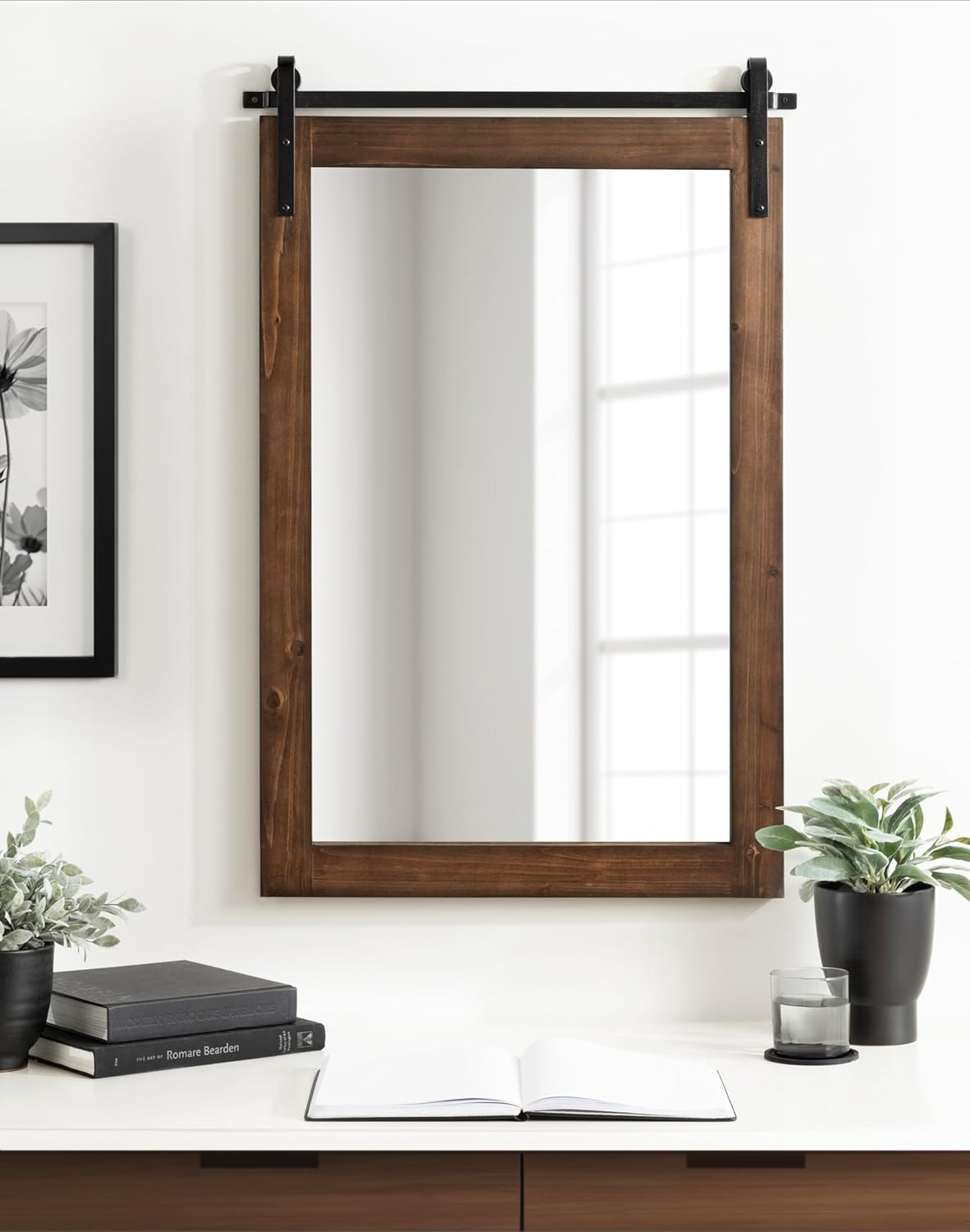 Kate and Laurel Cates Decorative Framed Wall Mirror; 26 x 39; Walnut Brown; Farmhouse Barn Door-Inspired Bathroom Mirror with Substantial Frame and Modern Charm