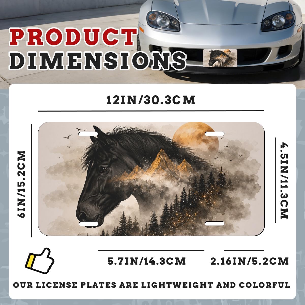 Horse Front License Plate Black Horse Mountain Forest Golden Moon Aluminum Decorative License Plates Funny Novelty Vanity Tag Cover 12×6 Inch Car Decor Accessory with 4 Holes for Men Women image 2