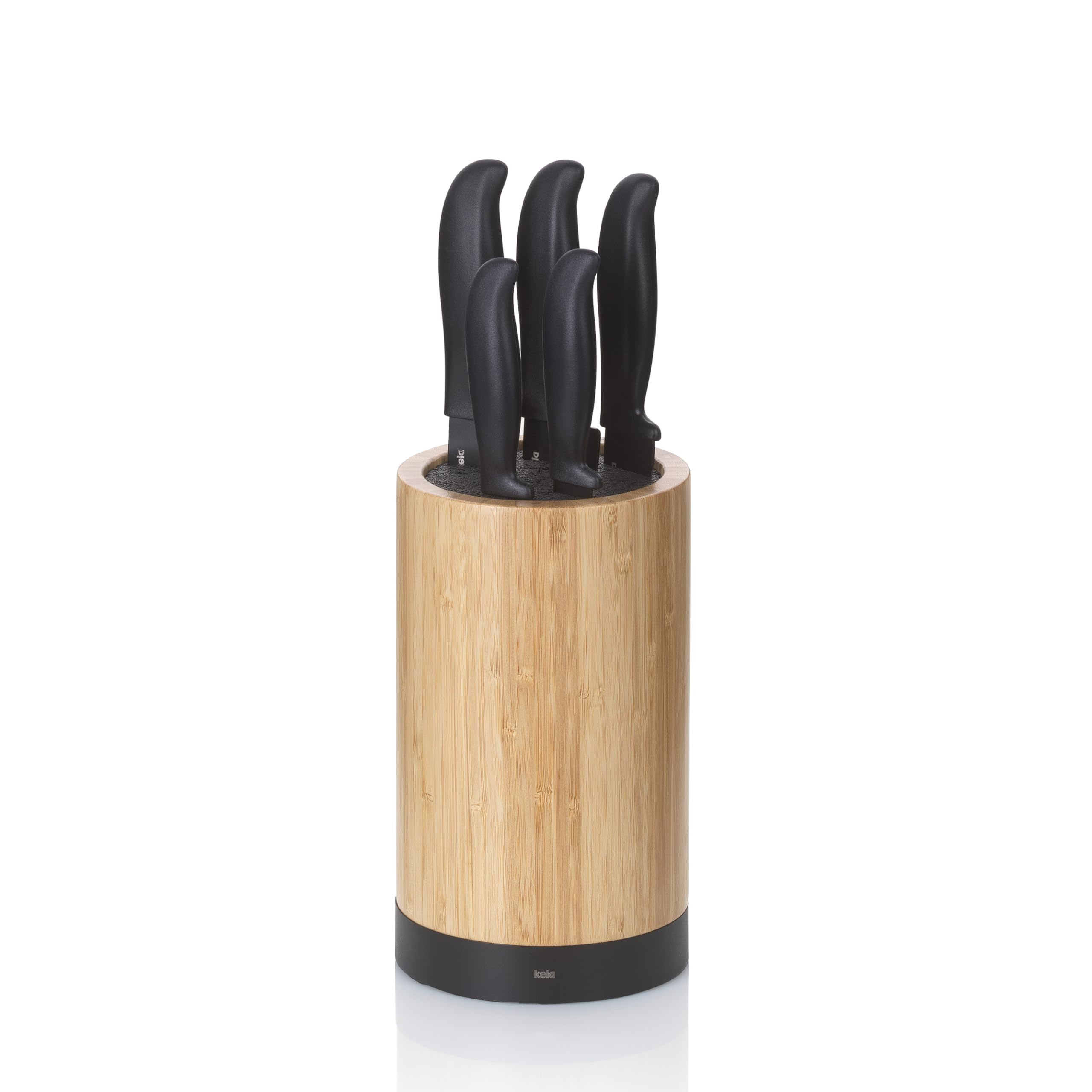 kela Bloque para cuchillos con juego de cuchillos ACIDA, 5 cuchillos, madera de bambú Soporte para cuchillos con inserto de cerdas, Ø 13 cm, negro