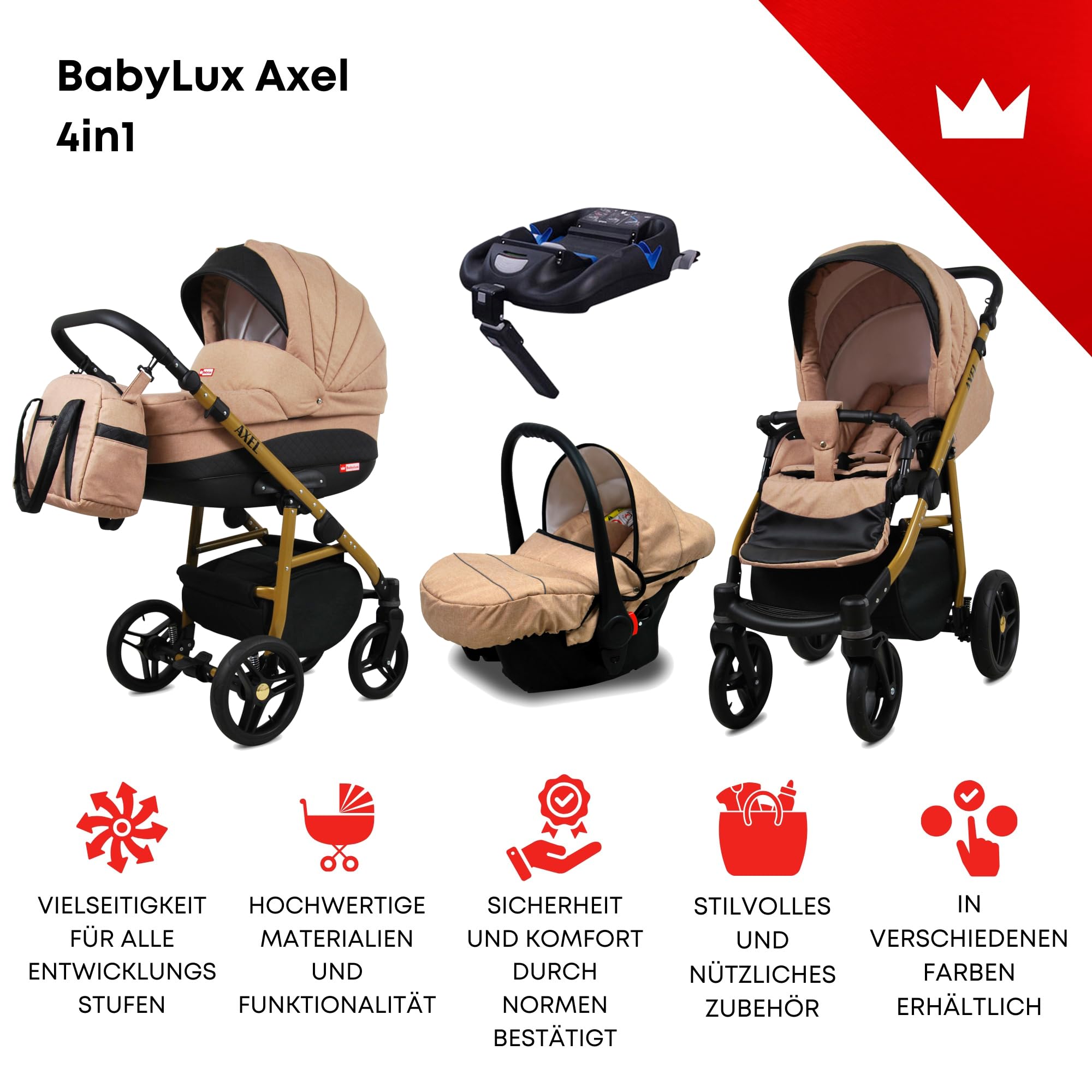 BabyLux® Wózek dziecięcy kompletny zestaw 4 w 1, Axel, w tym gondola dla niemowląt, wędka, fotelik samochodowy, podstawa ISOFIX, wózek dziecięcy, system kombinowany, z torbą do przewijania itp.
