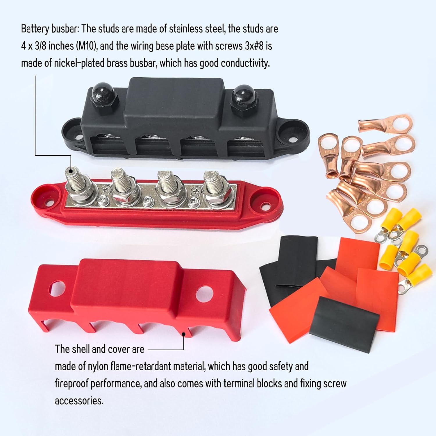 Bus Bar 12V Power Distribution Block, 250A Terminal Block, 4 x 3/8" Studs | Suitable for Marine, Automobile, RV, Battery Terminal Block, Solar Power