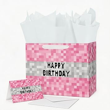 Ranfashiong 13" Large Pixel Theme Girl Birthday Gift Bag with Tissue Paper and Card for Kids Party Supplies Pink